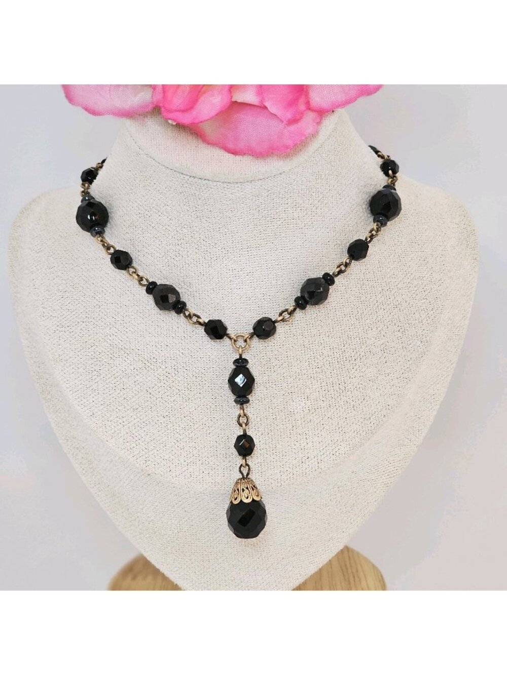 Vintage Black Bohemian Glass Brass Lariat Choker 50s/60s Y Costume Jewelry
